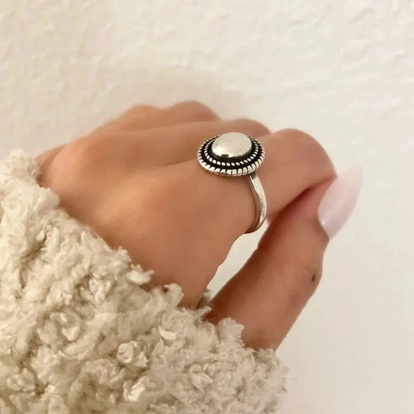 925 Sterling Silver Oval Ring Vintage Ring Geometric Round Circle Ring - Picture 6 of 9